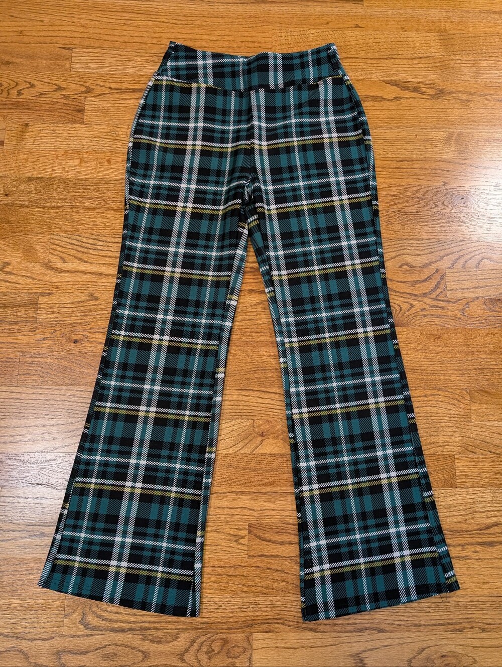 Indero Plaid Flare Pants Green Black Stretch Pull On Size L/XL